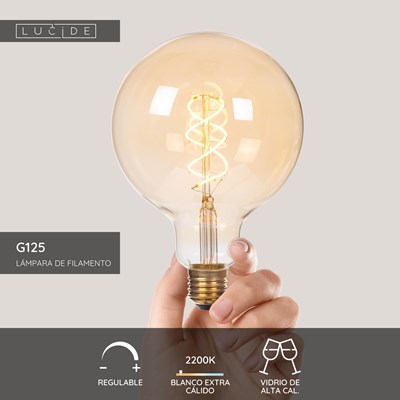 Lucide G125 - Lámpara de filamento - Ø 12,5 cm - LED 3 StepDim (Memoria) - E27 - 1x4,9W 2200K - Ámbar
